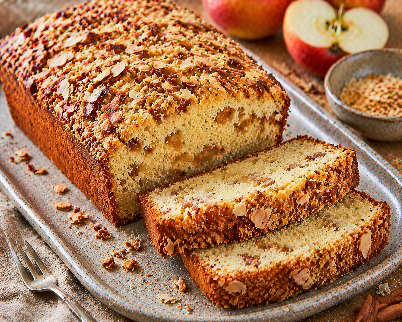 Apfel-Mandel-Kastenkuchen mit sichtbaren Apfelstücken, stark gerösteter Mandel-Streuselkruste und Mandelblättchen