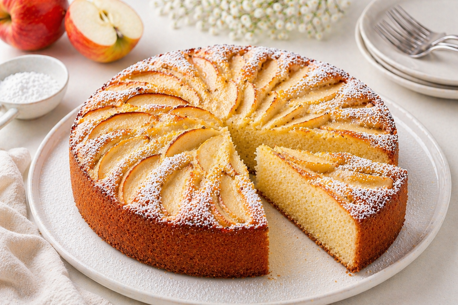 Apfel-Rührkuchen mit goldbraunem Rand, Apfelspalten und feinem Puderzucker