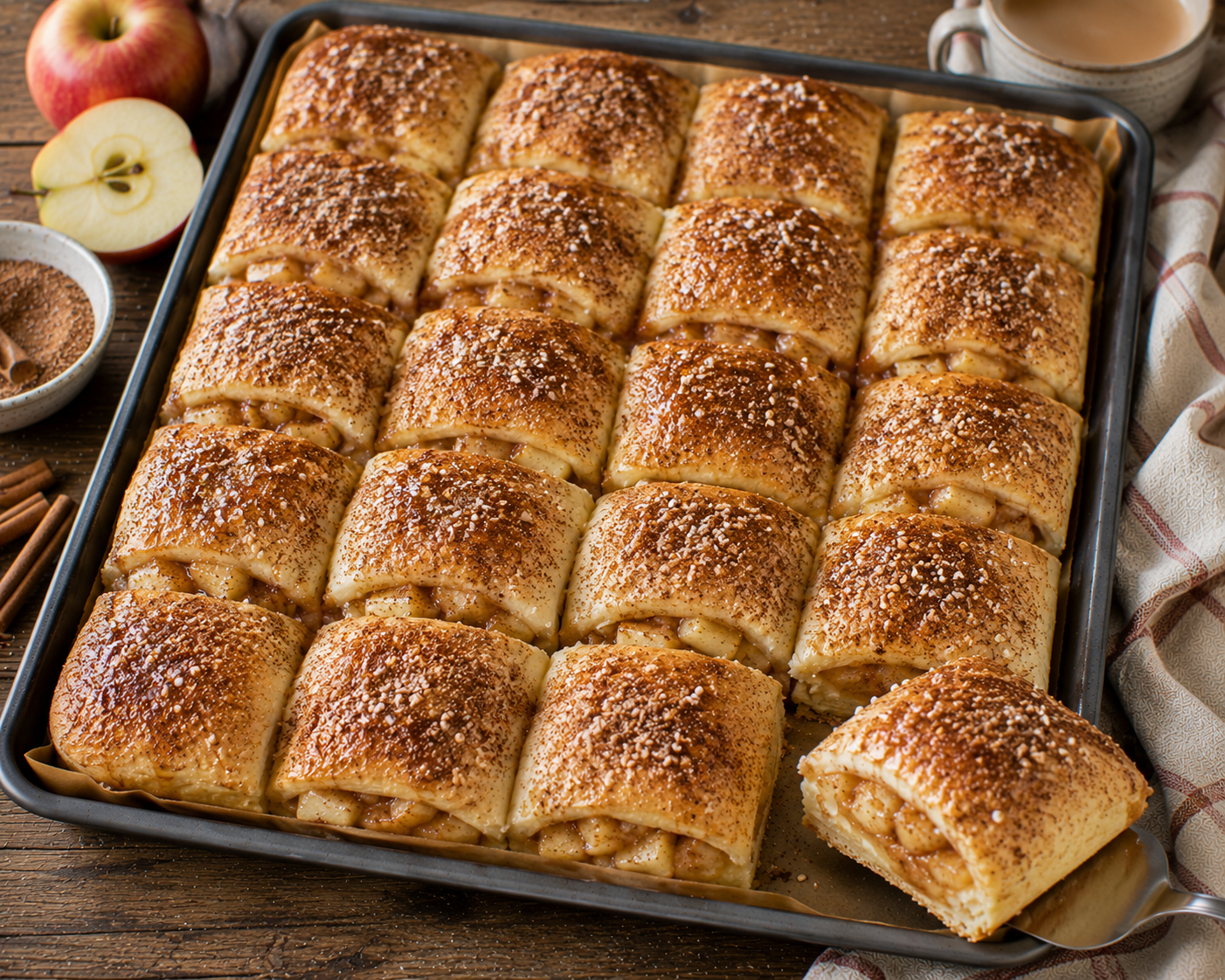 Apfel-Zimt-Hefekissen vom Blech mit sichtbarer Apfelfüllung und goldbrauner Zimt-Zucker-Oberfläche