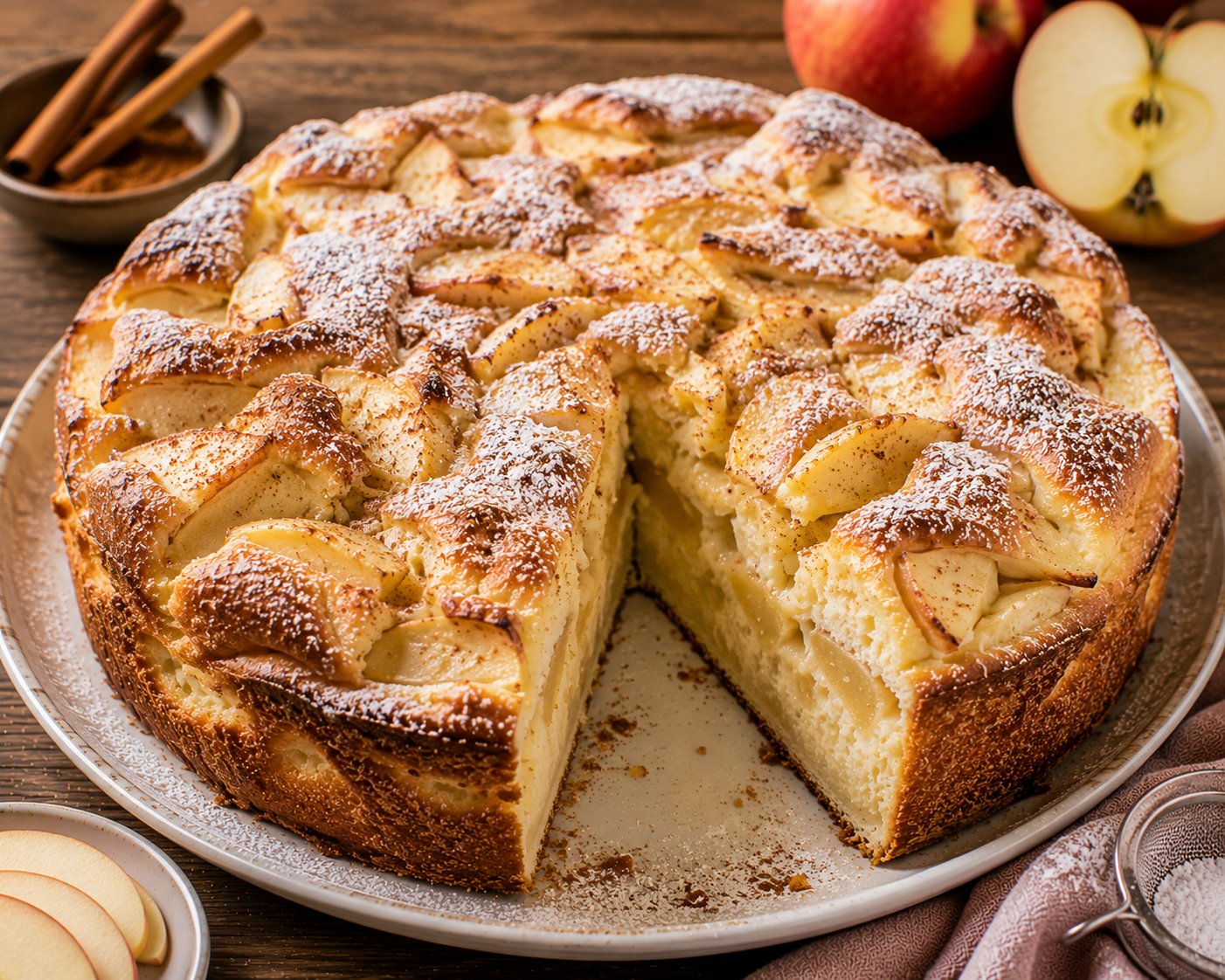 Hoher Apfel-Zimt-Quark-Soufflékuchen ohne Boden mit heller Quarkmasse, Zimtäpfeln, goldbraunen Apfelspalten und Puderzucker