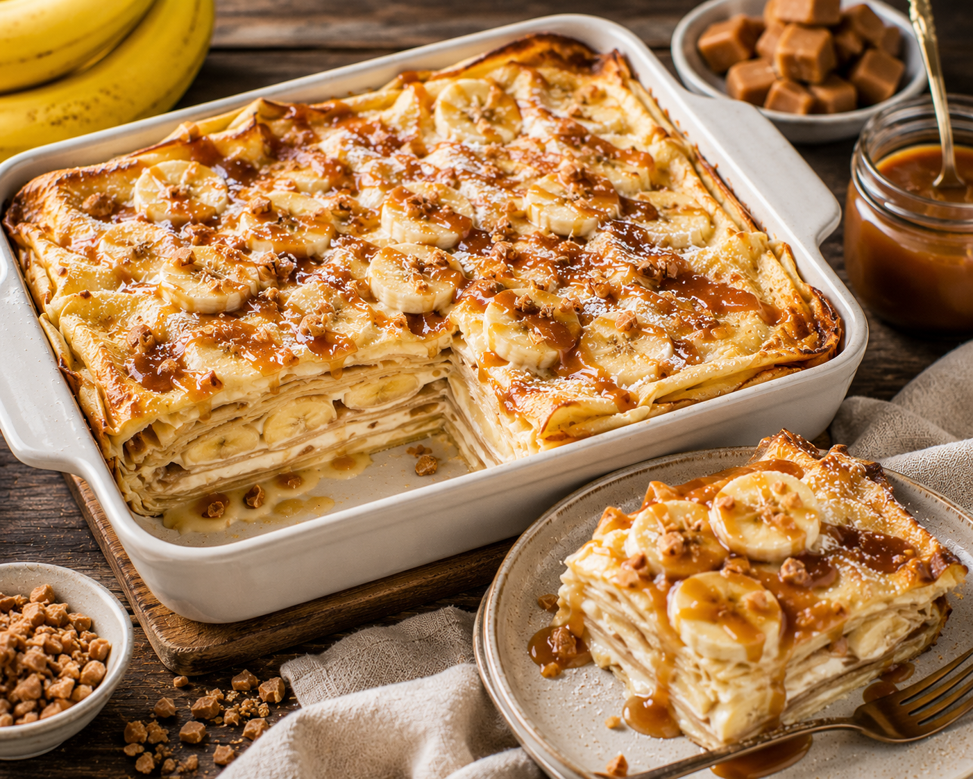 Bananen-Toffee-Crêpeauflauf mit goldbrauner Oberfläche, Bananenscheiben, Toffeesauce und Haselnusskrokant