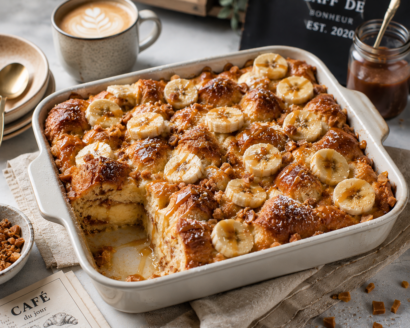 Bananen-Karamell-Briocheauflauf in einer weißen Auflaufform mit Bananenscheiben, Toffeestückchen und Karamellsauce