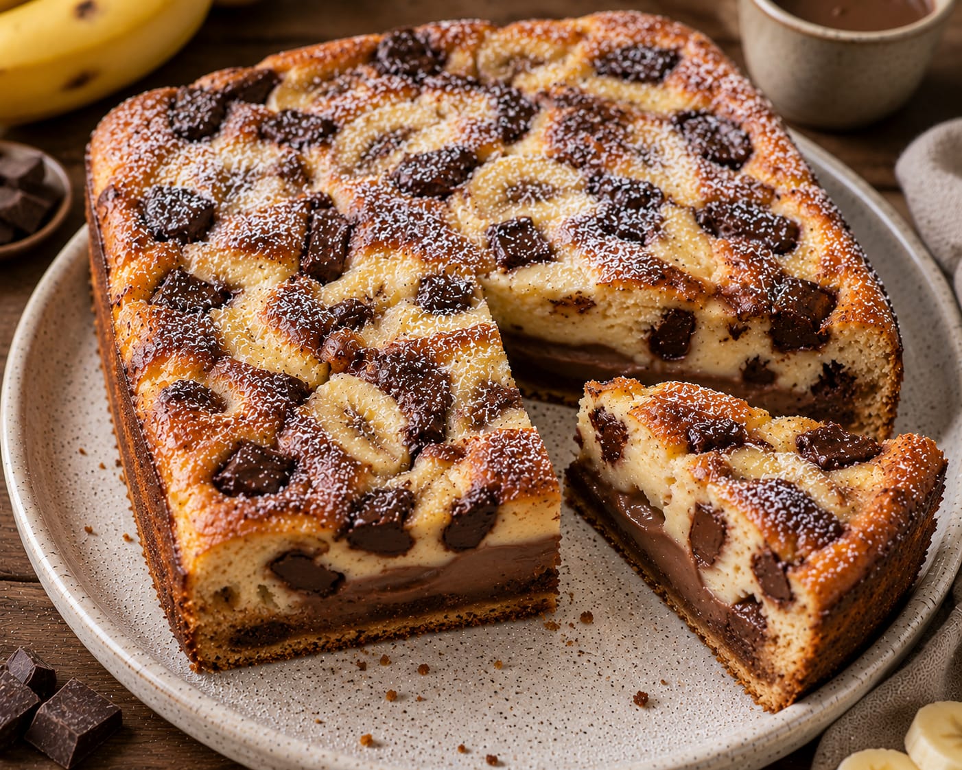 Bananen-Schoko-Puddingkuchen mit dunklem Kakaoboden, cremiger Schokoschicht, Bananenscheiben und groben Schokostücken