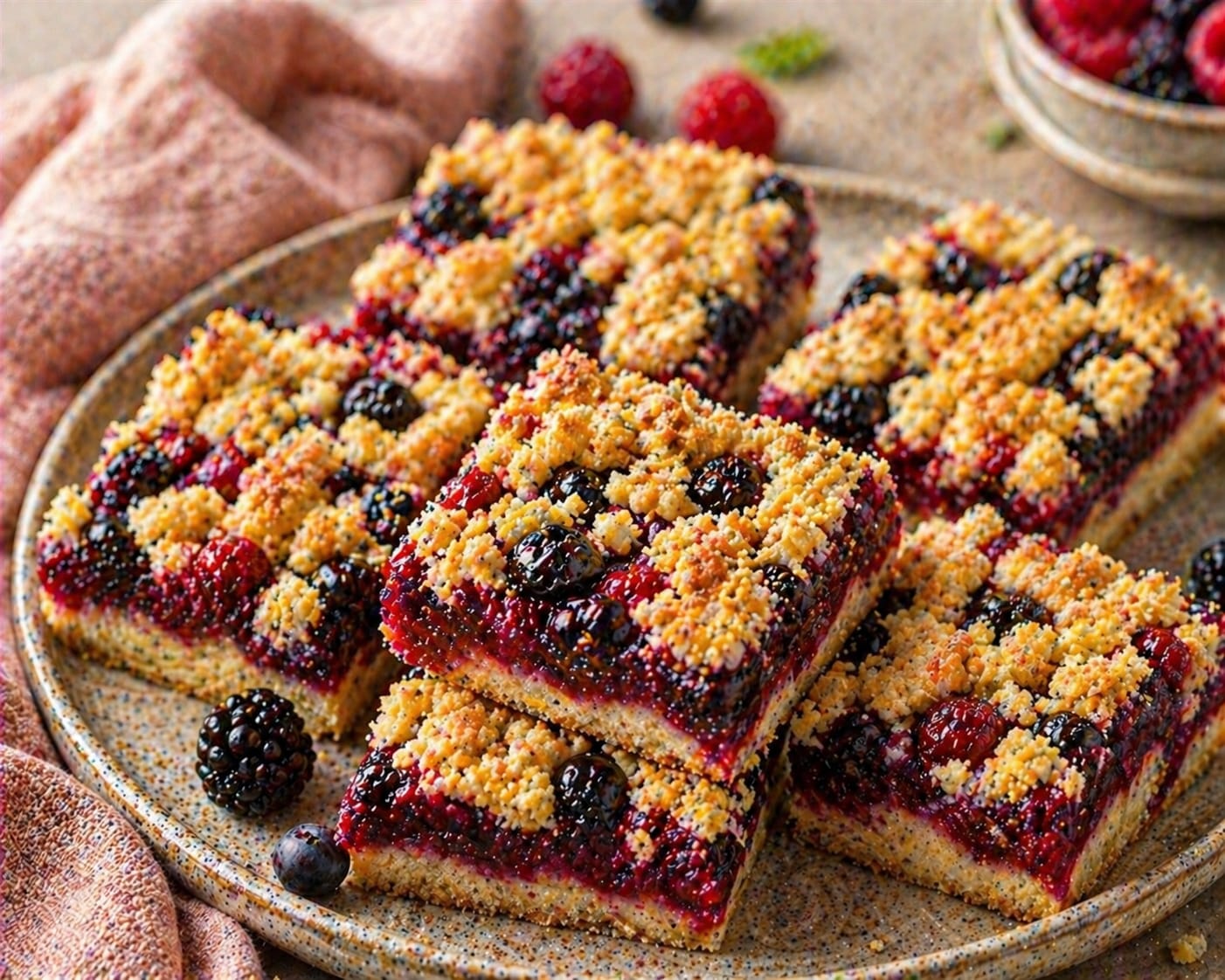 Beeren-Streuselkuchen vom Blech mit hellem Mandel-Streuselteigboden, dunkler Beerenfüllung, goldenen Streuseln und feinem Puderzucker
