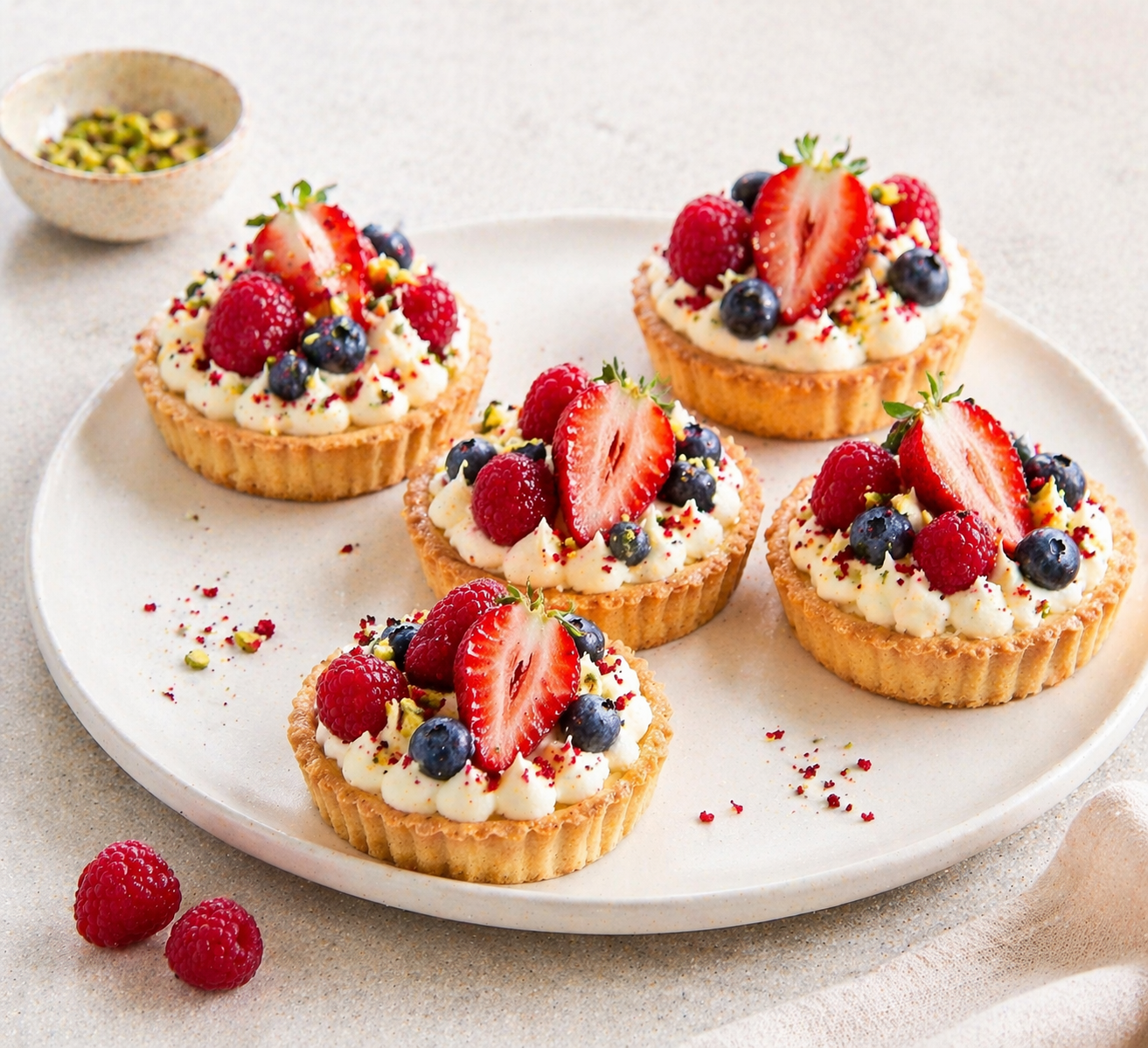 Beeren-Tartelettes mit luftiger Vanillecreme, Erdbeeren, Himbeeren, Blaubeeren, Pistazien, Himbeerkrümeln und kleinen grünen Akzenten