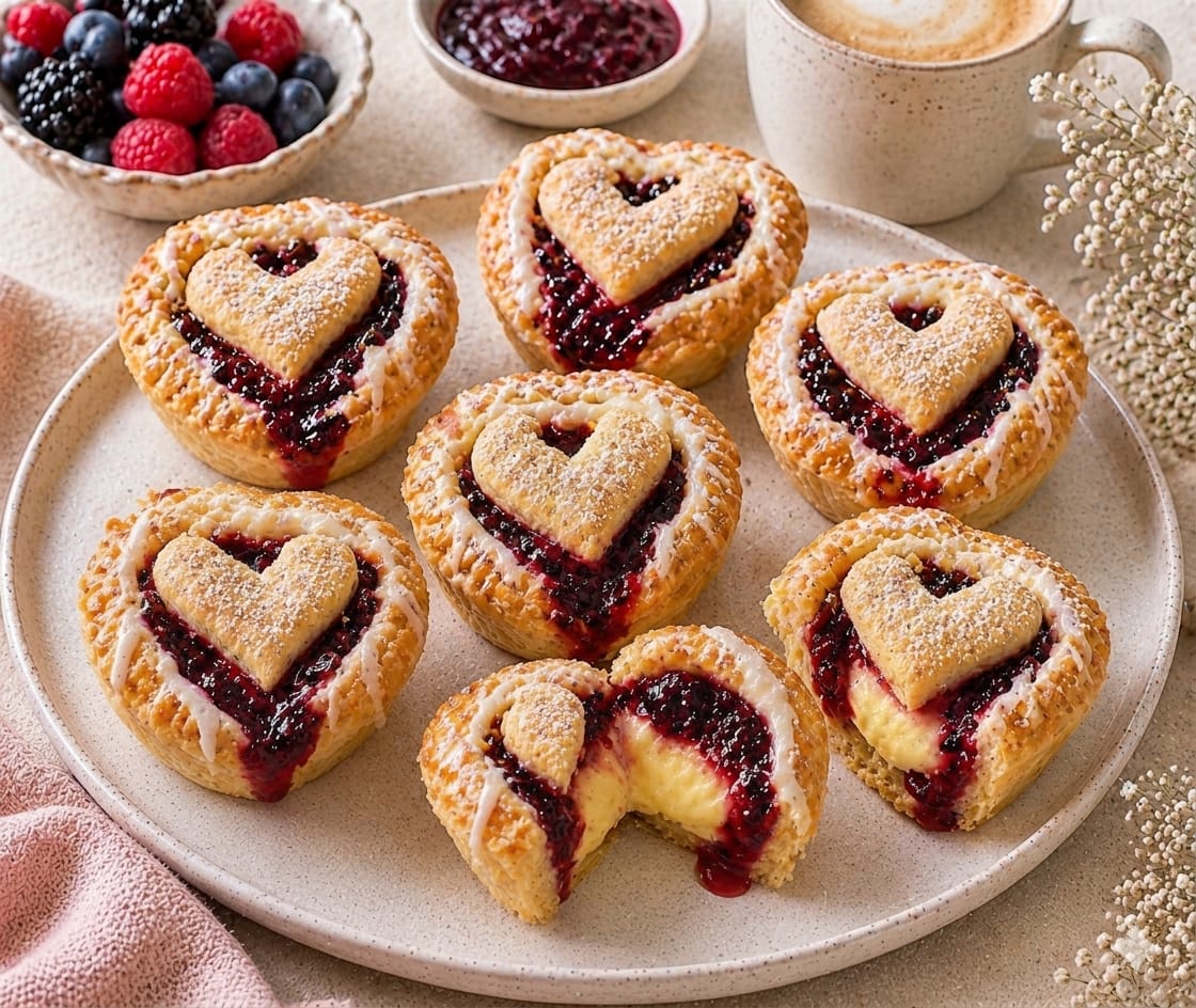 Goldbraune Blätterteig-Herzen mit Vanillecreme, dunkler Beerenfüllung, kleinen gebackenen Dekoherzen, Glasur und Puderzucker