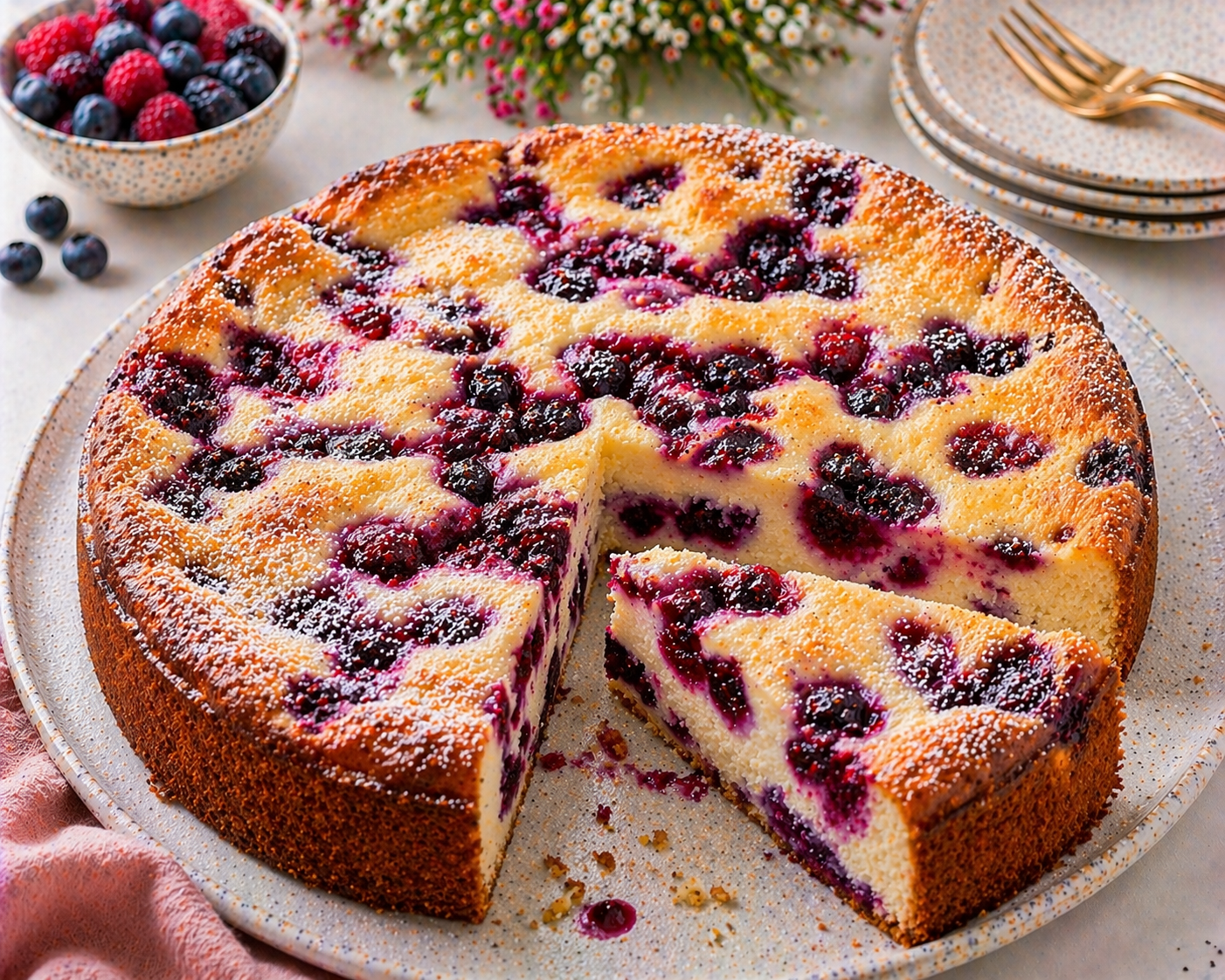 Hoher Beeren-Vanille-Quarkkuchen mit Brombeeren, Blaubeeren, Himbeeren, goldbraunem Rand und Puderzucker