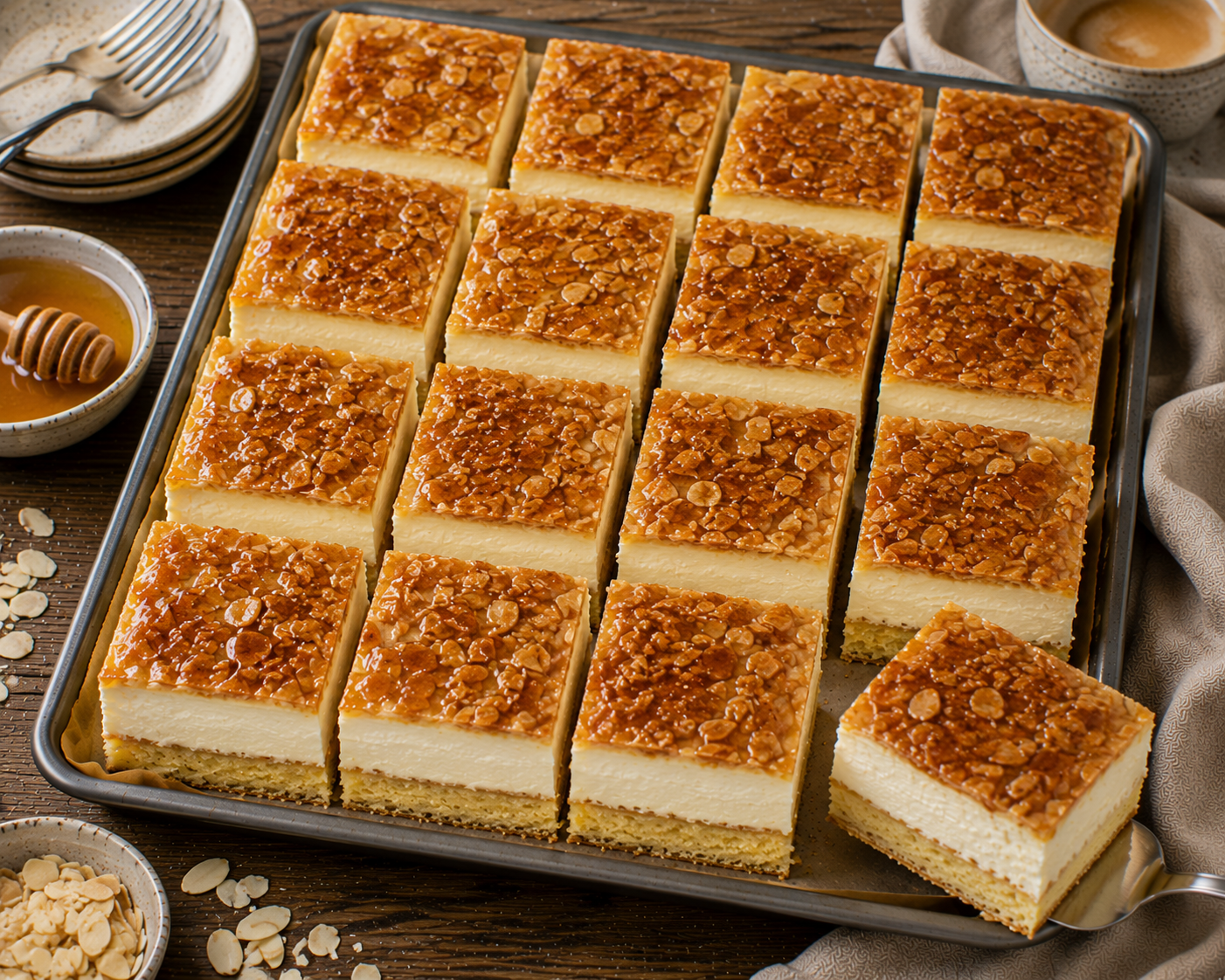 Bienenstich-Cheesecake-Schnitten mit feinem Rührteigboden, cremiger Cheesecake-Schicht und goldbrauner Mandel-Honig-Decke