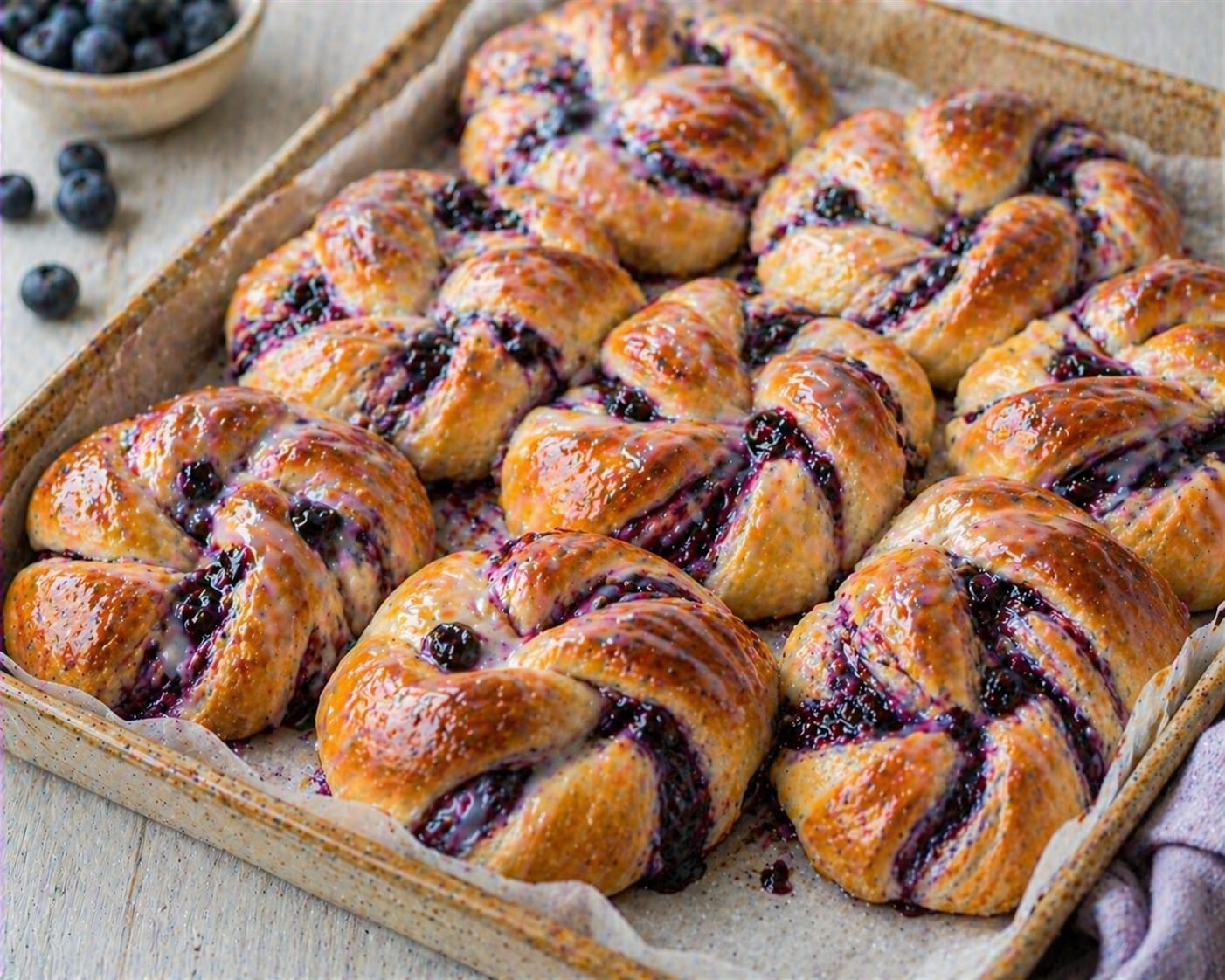 Goldbraune Blaubeer-Hefeteig-Knoten mit sichtbarer Blaubeerfüllung und feiner Zitronenglasur auf einem Backblech