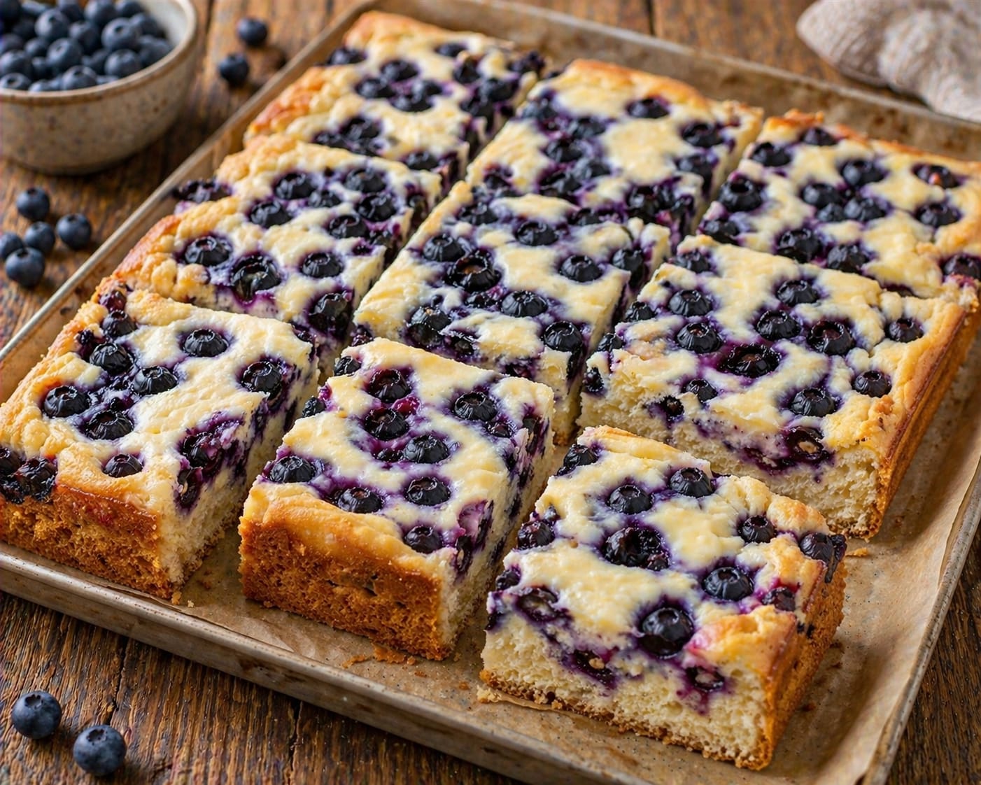 Blaubeer-Mascarpone-Blechkuchen mit hohem hellem Rührteig, locker gebackener Mascarpone-Quark-Creme und vielen Blaubeeren