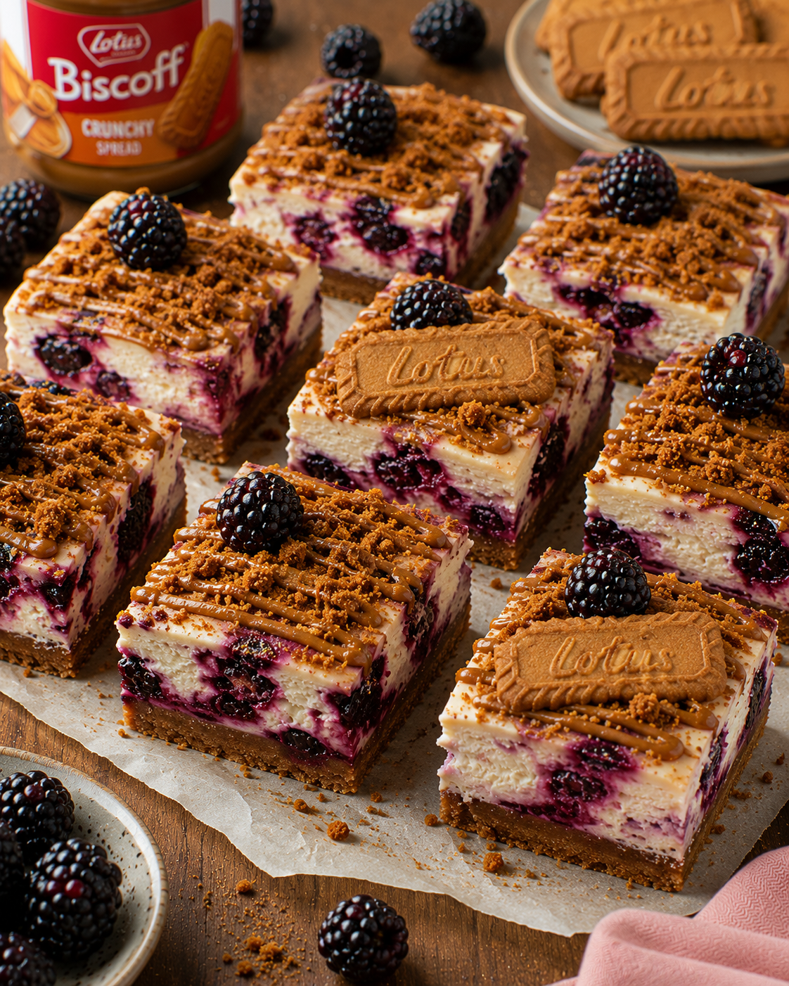 Brombeer-Lotus-Cheesecake-Bars mit dunklem Lotus-Keksboden, heller Cheesecakefüllung, ganzen Brombeeren, Lotuscreme und Keksbröseln