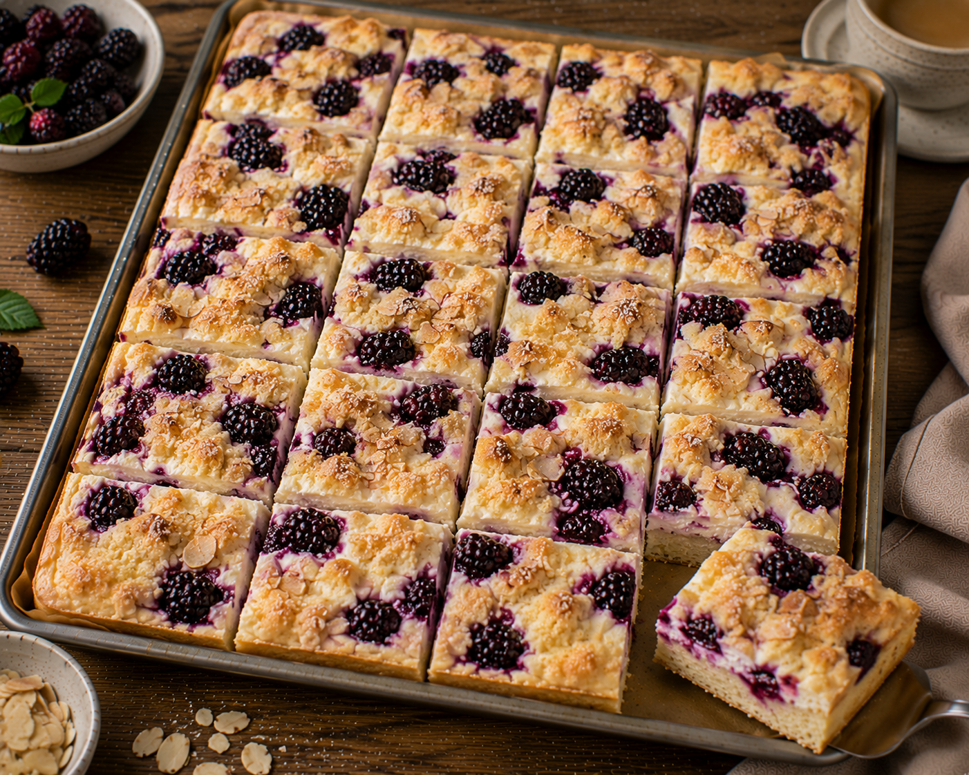 Brombeer-Quark-Butterkuchen vom Blech mit Quarkcreme, Brombeeren, goldenen Streuseln und Mandelblättchen