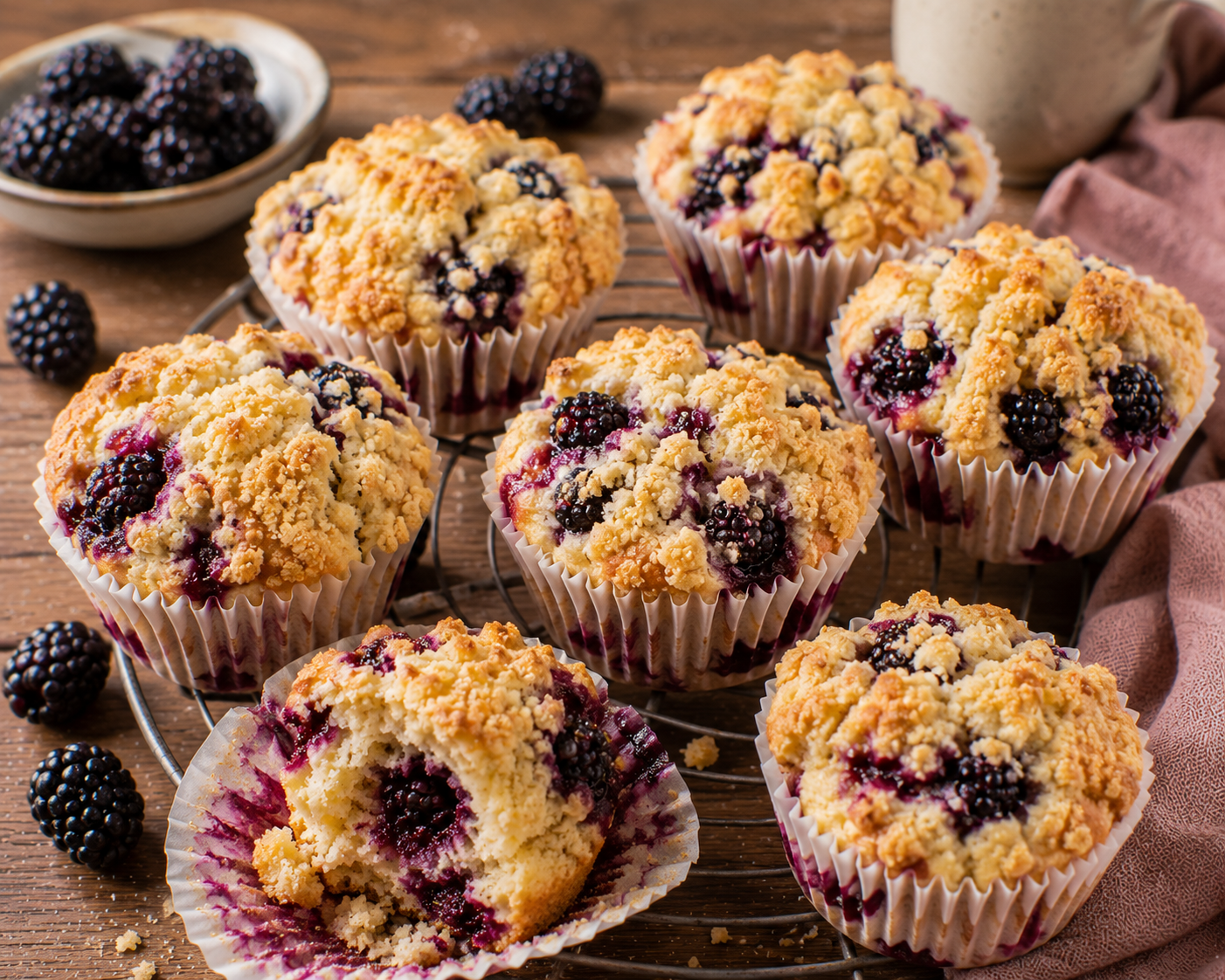 Brombeer-Vanille-Crumble-Muffins mit goldenen Streuseln und sichtbaren Brombeeren