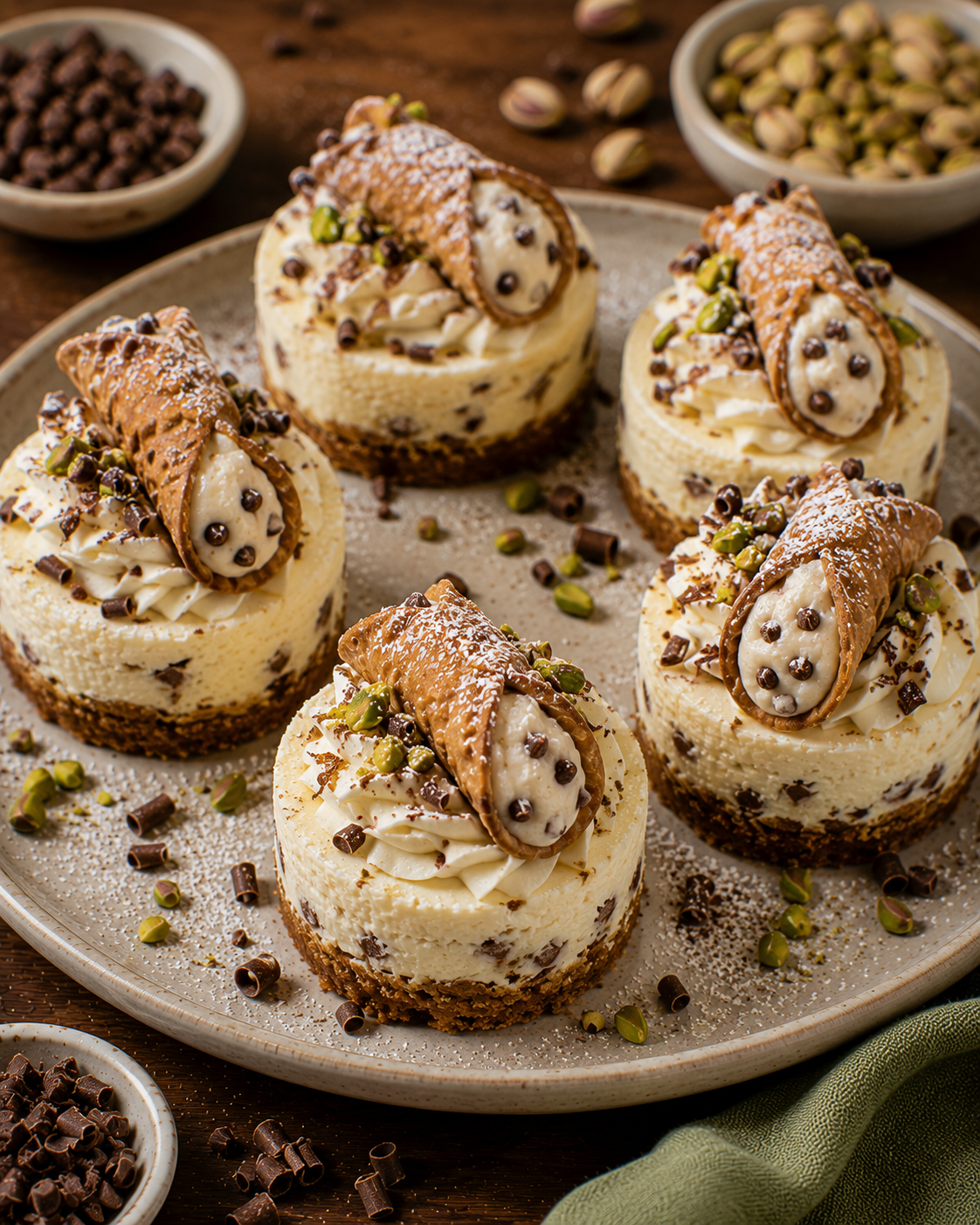 Cannoli Cheesecake Törtchen mit dunklem Keksboden, heller Creme, Pistazien, Schokolade und kleinen Cannoli