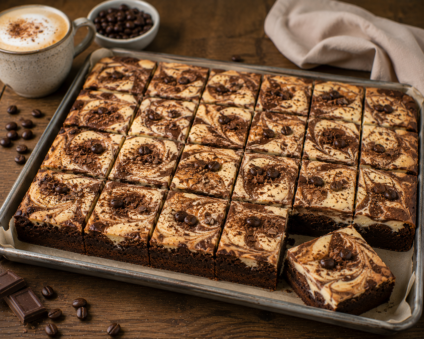Cappuccino-Cheesecake-Brownies mit dunklem Brownieboden, heller Cheesecake-Marmorierung, Schokoraspeln und Kaffeebohnen