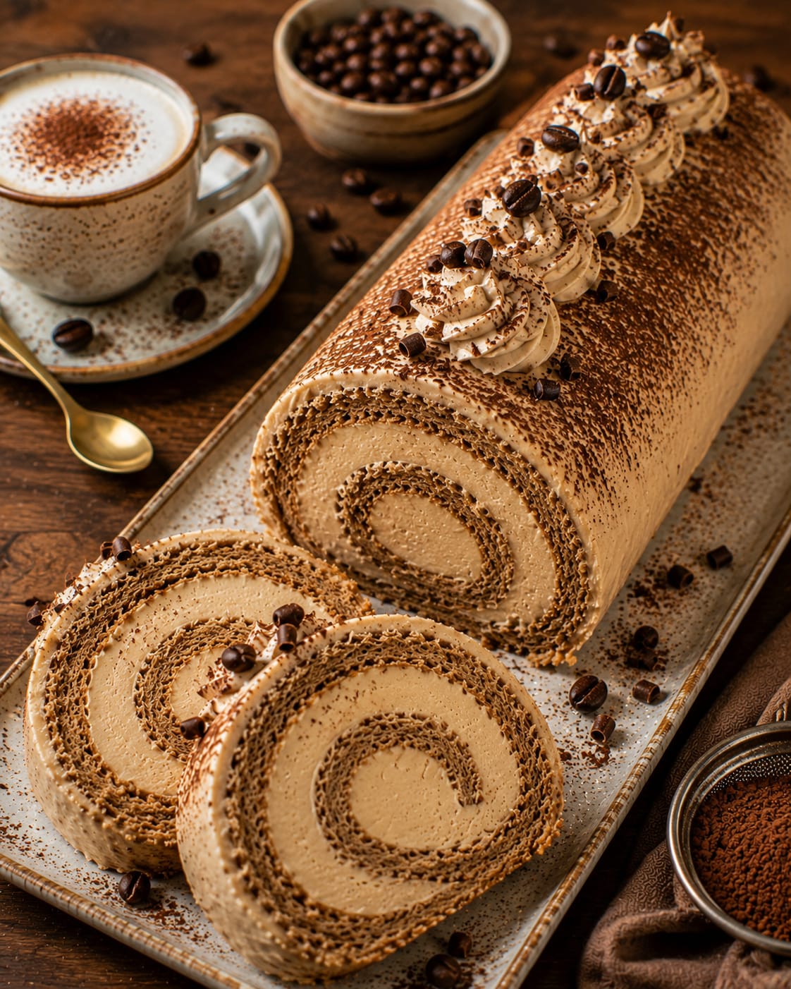 Cappuccino-Panna-Cotta-Rolle mit Kaffee-Biskuit, Cappuccino-Creme, Kakao, Schokoröllchen und Kaffeebohnen