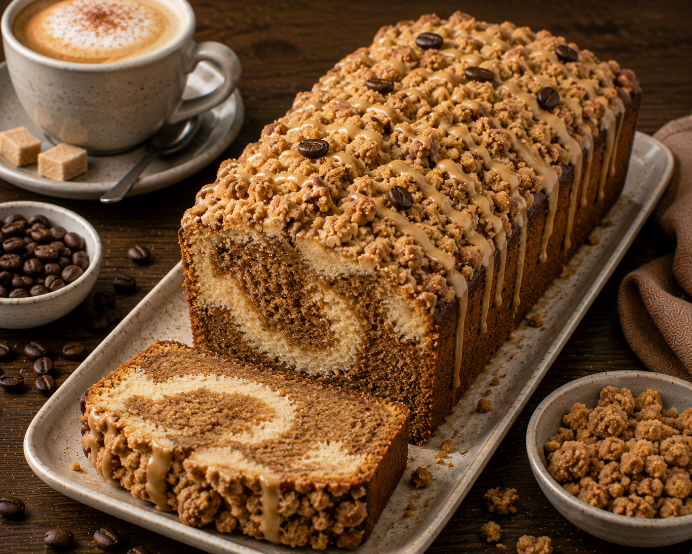 Cappuccino-Streusel-Kastenkuchen mit marmoriertem Teig, Kaffee-Streuseln, Cappuccino-Guss und Kaffeebohnen