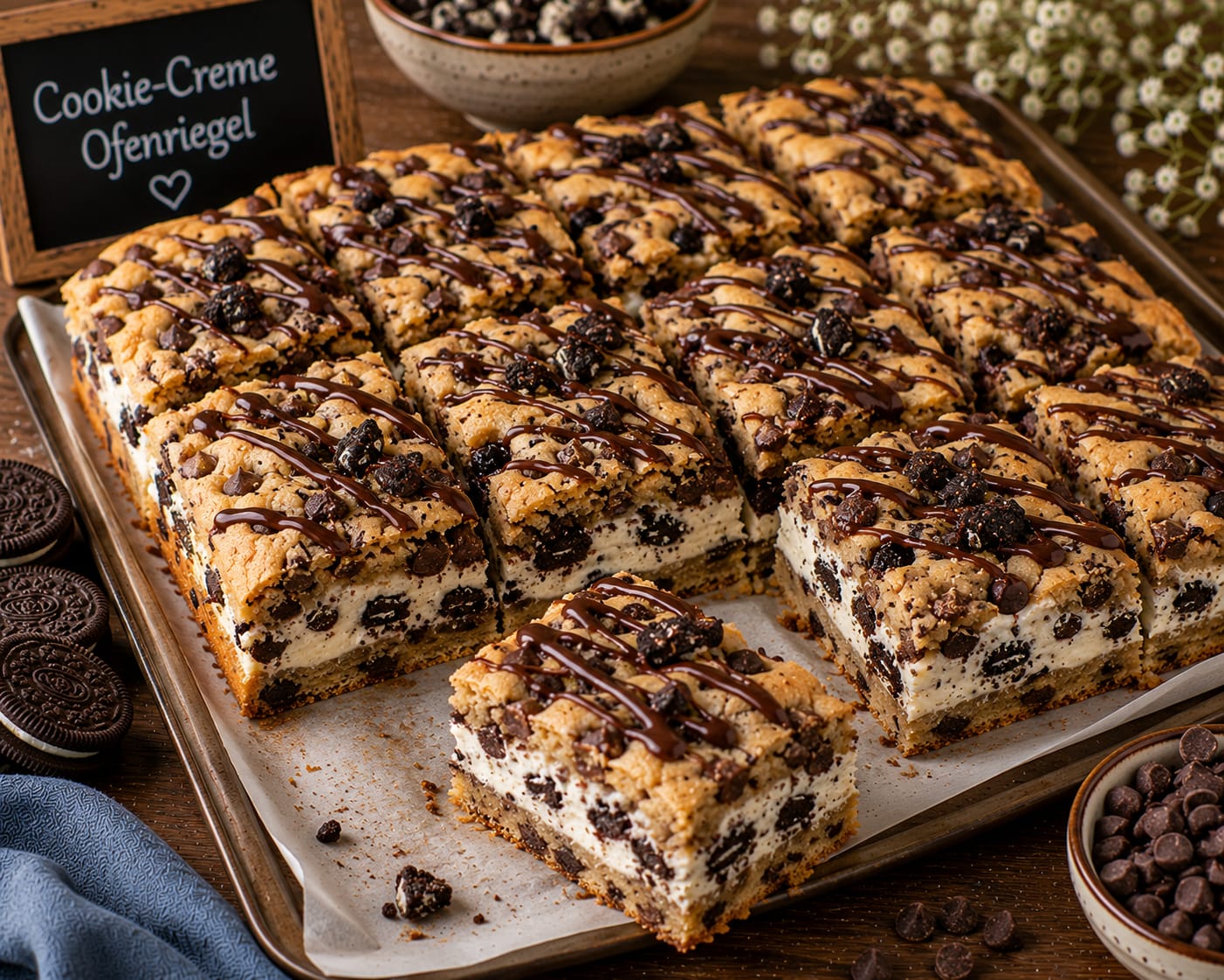 Cookie-Creme-Ofenriegel mit Cookieboden, heller Cookies-and-Cream-Füllung, goldbraunem Cookie-Deckel, Oreo-Stücken und Schokodrizzle