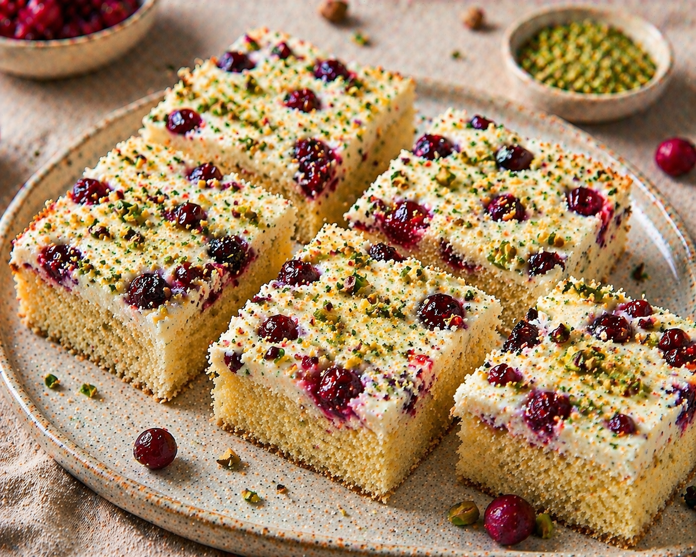 Cranberry-Frischkäse-Schnitten mit hellem Rührteigboden, cremiger Frischkäse-Schicht, Cranberries, weißer Schokolade und Pistazien