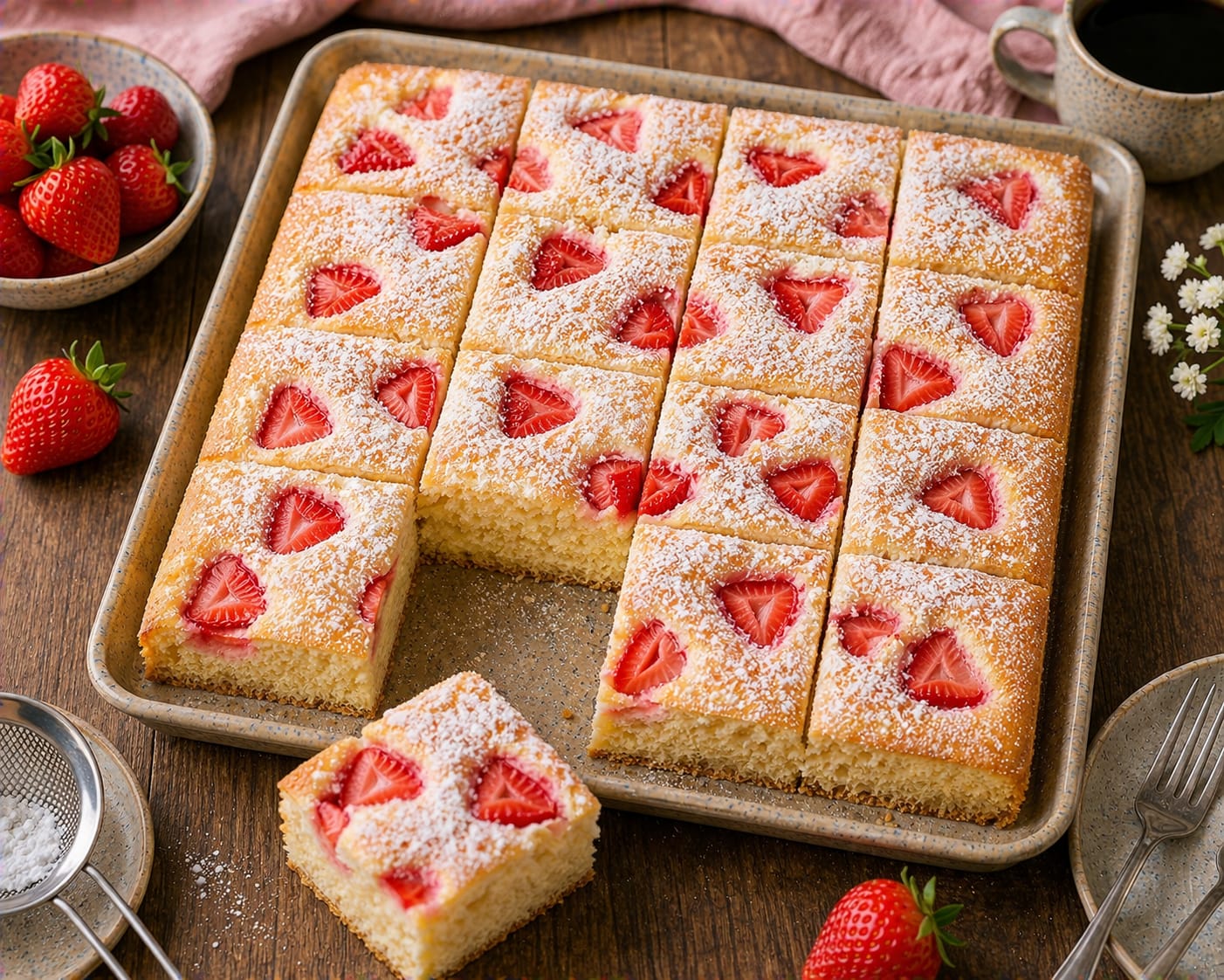 Saftiger Erdbeer-Buttermilch-Blechkuchen mit eingebackenen Erdbeeren, Kokosraspeln und Puderzucker