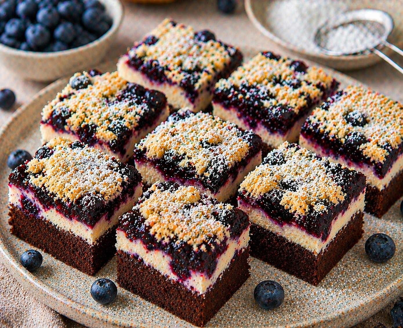 Schoko-Blaubeer-Käsekuchen-Streuselschnitten mit dunklem Schokoboden, heller Käsekuchenschicht, kräftiger Blaubeerschicht, lockeren Butterstreuseln und Puderzucker