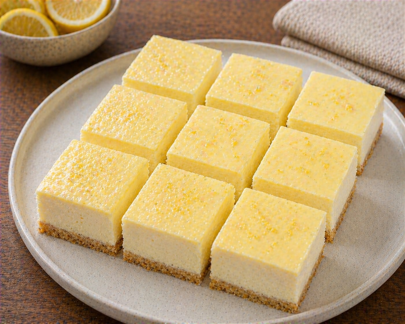 Neun Zitronen-Quark-Würfel mit dünnem goldbraunen, grob strukturierten Boden, hoher heller Creme und feiner gelblicher Oberfläche