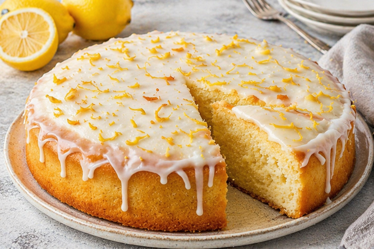 Runder goldgelber Kuchen mit heller Krume, weißer Glasur, feinen Drips und gelben Zesten