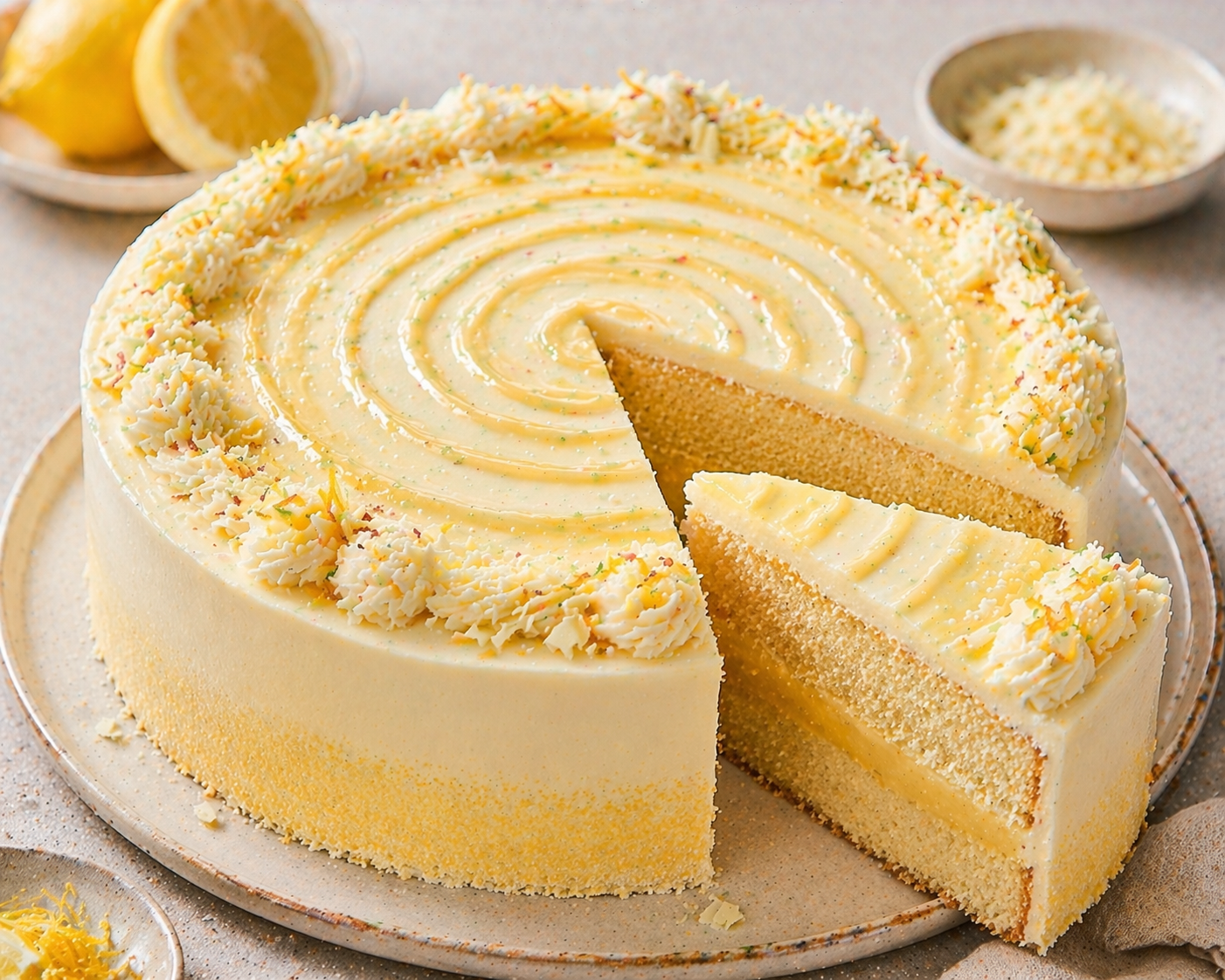 Runde helle Schichttorte mit gelber Füllung, gelber Spirale, zweifarbigem Spritzrand, hellen Raspeln und feinen grünen Sprenkeln