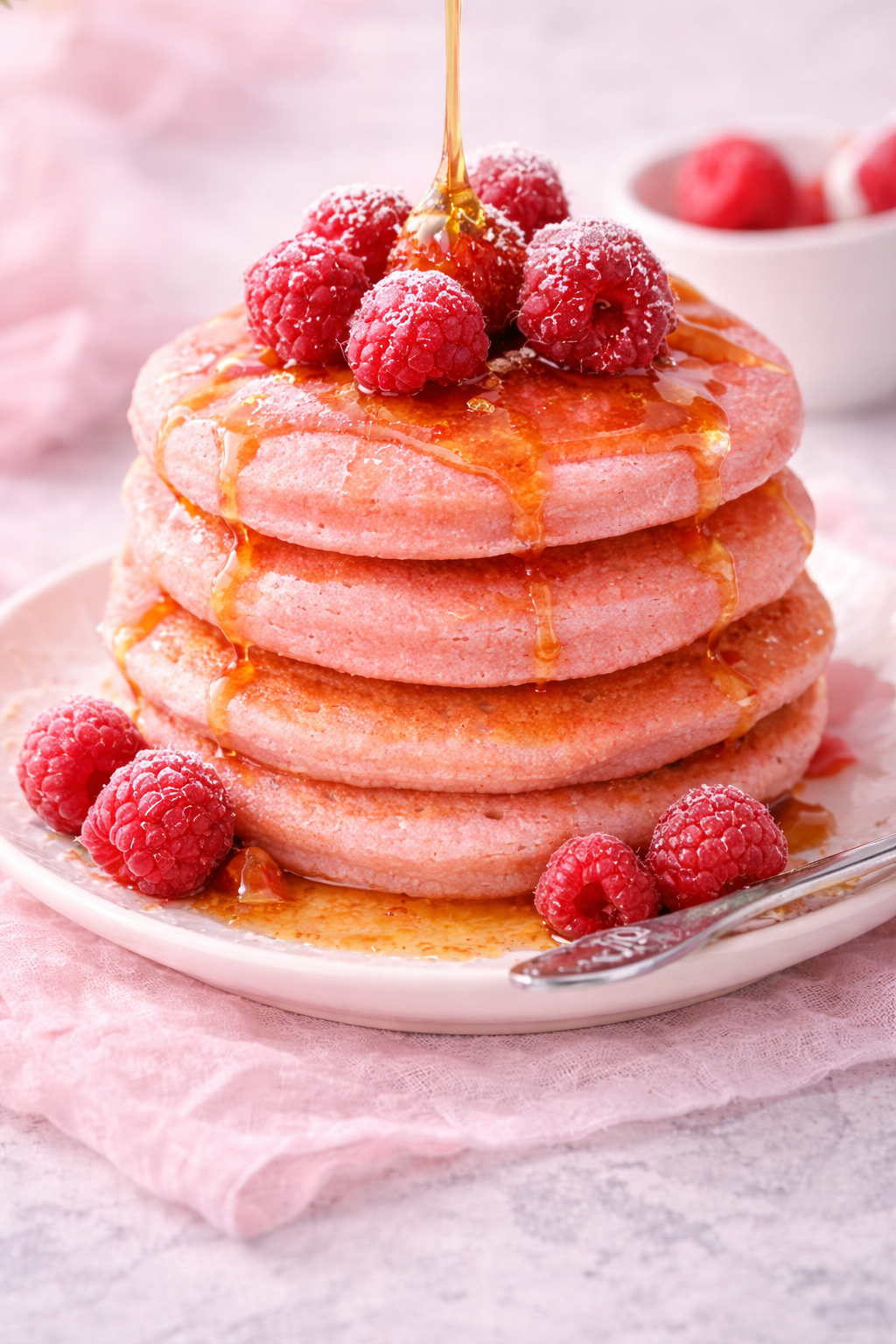 Fluffige rosa Himbeer-Pancakes